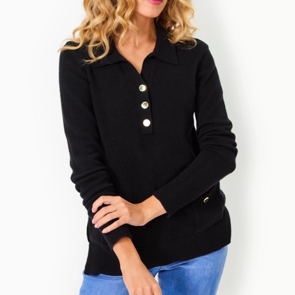 Lilly Pulitzer Black Button-Front Polo Sweater